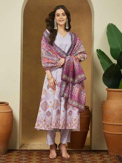 Janasya Women's Lavender Cotton Blend Ethnic Motifs Printed Anarkali Kurta Set