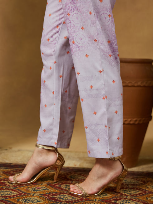 Janasya Women's Lavender Cotton Blend Ethnic Motifs Printed Anarkali Kurta Set