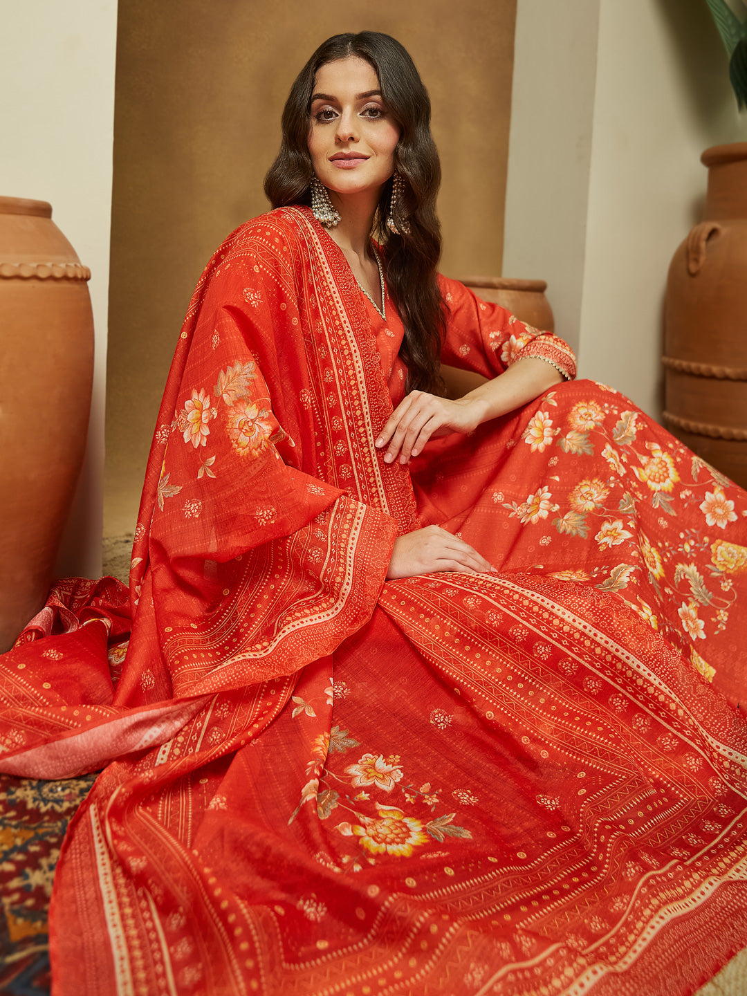 Janasya Women's Orange Cotton Blend Floral Printed Anarkali Kurta Set