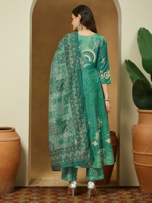 Janasya Women's Sage Green Cotton Blend Floral Printed Anarkali Kurta Set