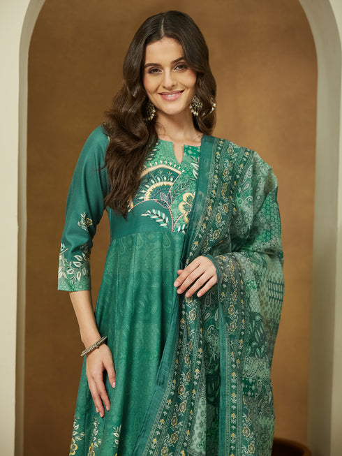 Janasya Women's Sage Green Cotton Blend Floral Printed Anarkali Kurta Set