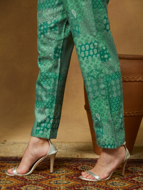 Janasya Women's Sage Green Cotton Blend Floral Printed Anarkali Kurta Set