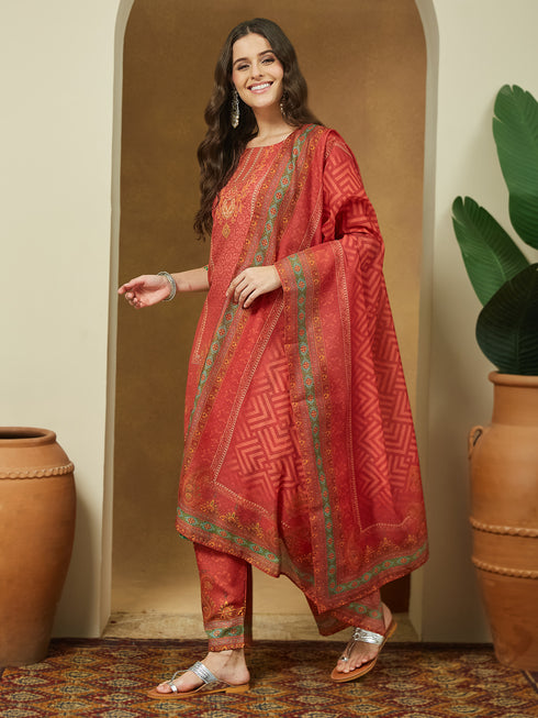 Janasya Women's Rust Cotton Blend Ethnic Motifs Printed Straight Kurta Set