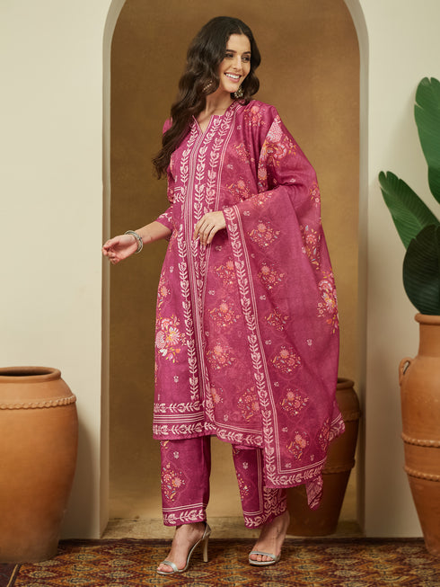 Janasya Women's Pink Cotton Blend Floral Printed Straight Kurta Set