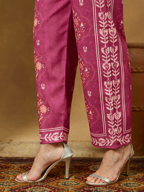 Janasya Women's Pink Cotton Blend Floral Printed Straight Kurta Set