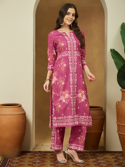Janasya Women's Pink Cotton Blend Floral Printed Straight Kurta Set