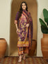 Janasya Women's Purple Cotton Blend Floral Printed Straight Kurta Set