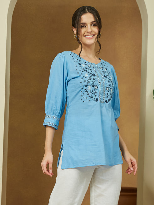 Janasya Women's Sky Blue Pure Cotton Embroidered Straight Tunic