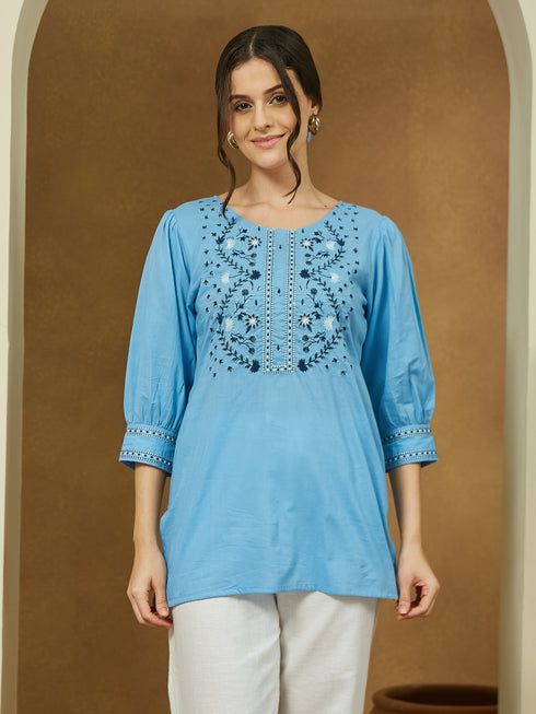 Janasya Women's Sky Blue Pure Cotton Embroidered Straight Tunic