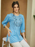 Janasya Women's Sky Blue Pure Cotton Embroidered Straight Tunic