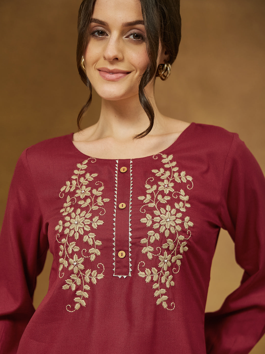 Janasya Women's Maroon Rayon Embroidered Straight Short Kurti