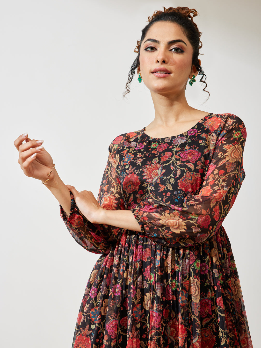 Janasya Women's Black Georgette Floral Printed A-line Dress