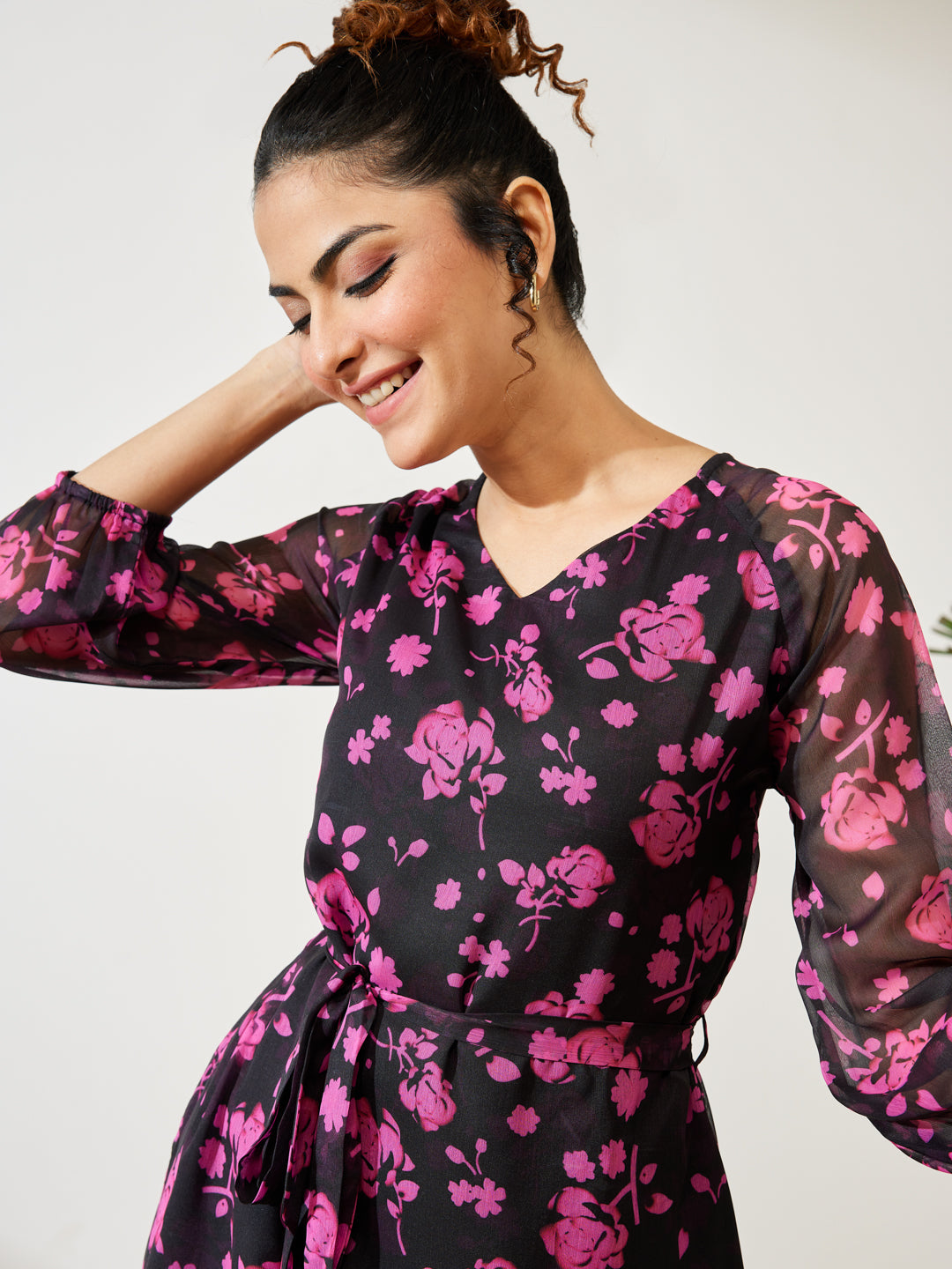 Janasya Women's Black Chiffon Floral Printed A-line Dress