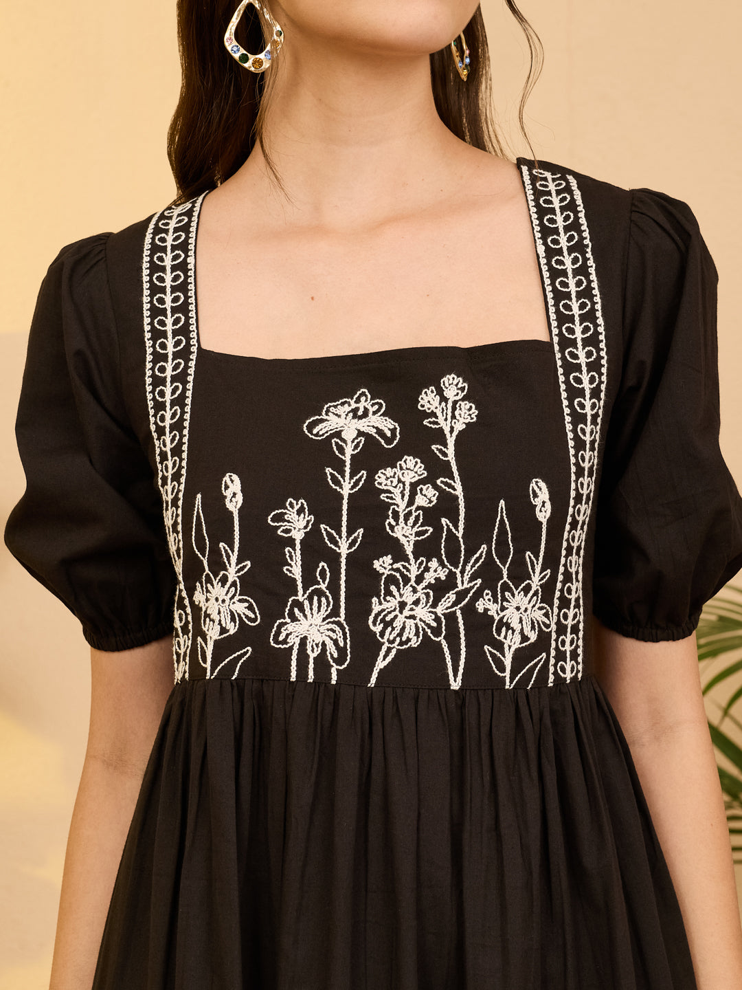 Janasya Women's Black Pure Cotton Floral Embroidered Gathered Dress