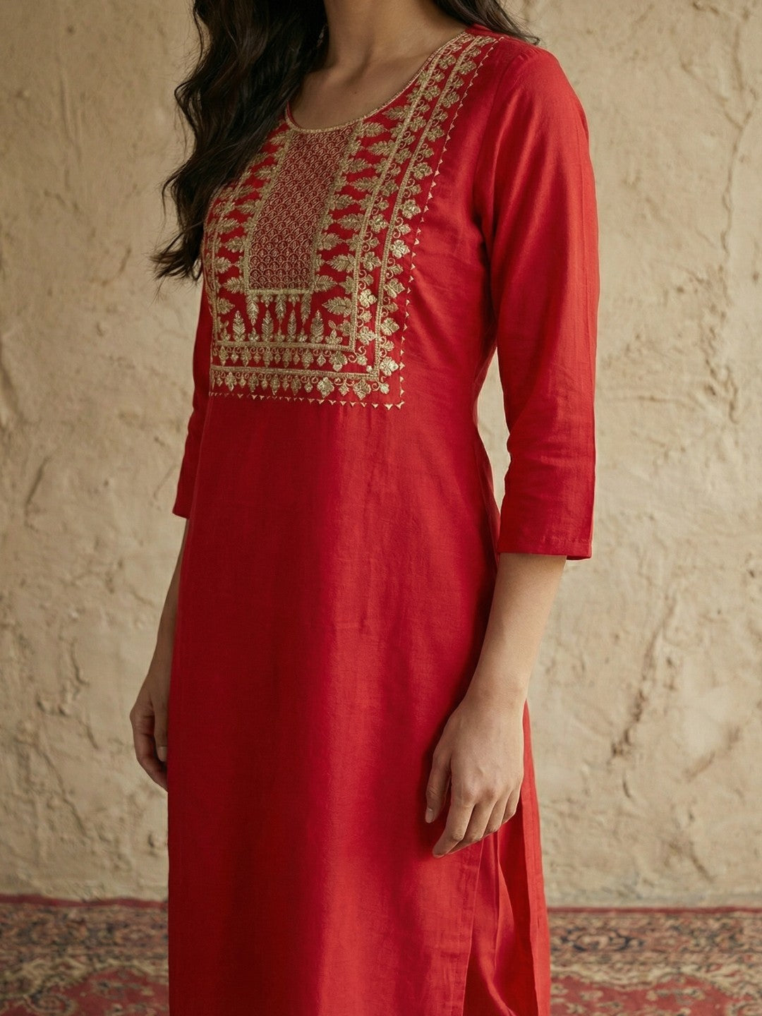 Janasya Women's Red Pure Cotton Yoke Embroidered Straight Kurta With Pant Set