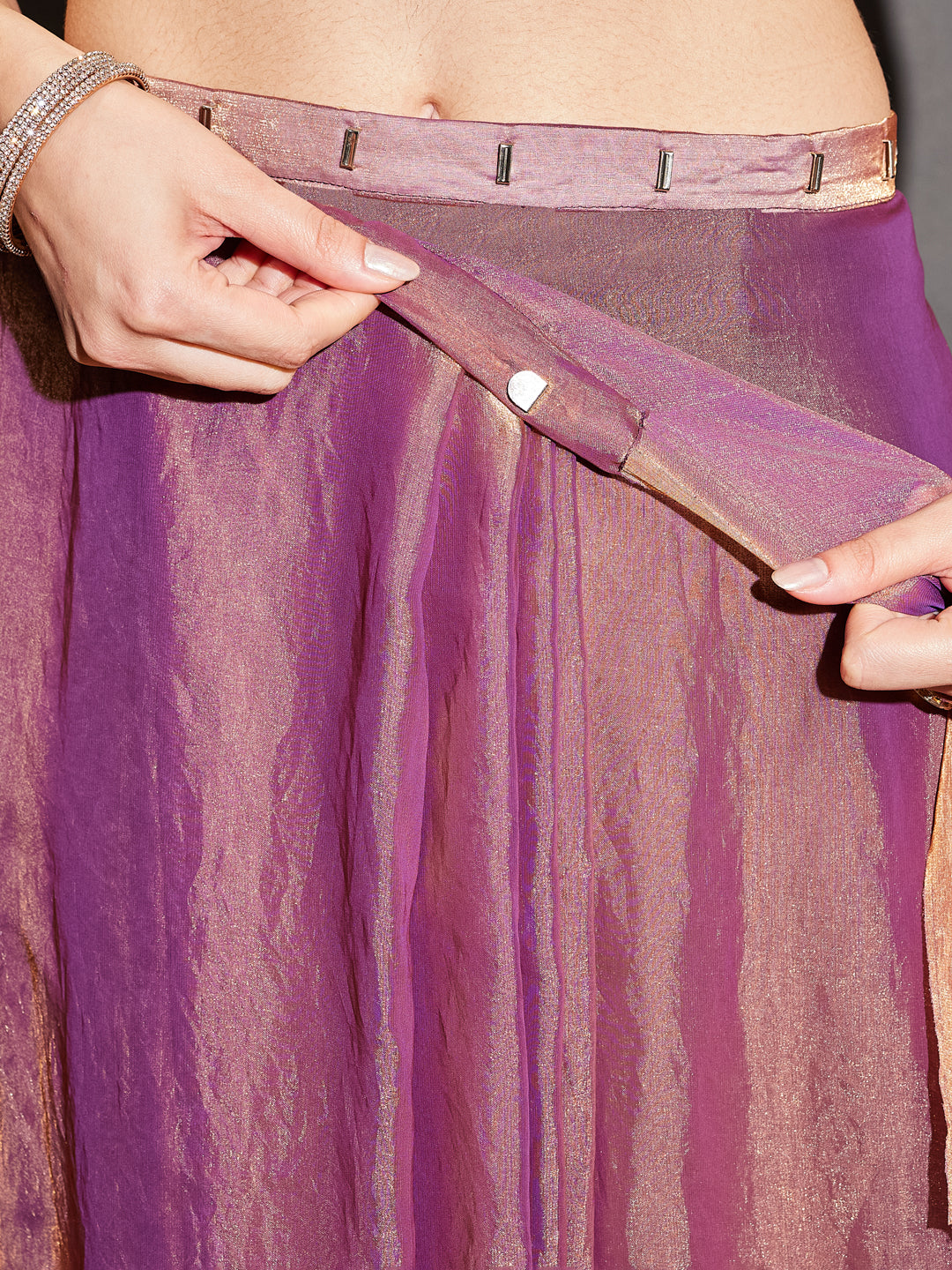 Janasya Women's Purple & Gold Tissue Silk One-Minute Ready-to-Wear Embellished Saree with Unstitched Blouse