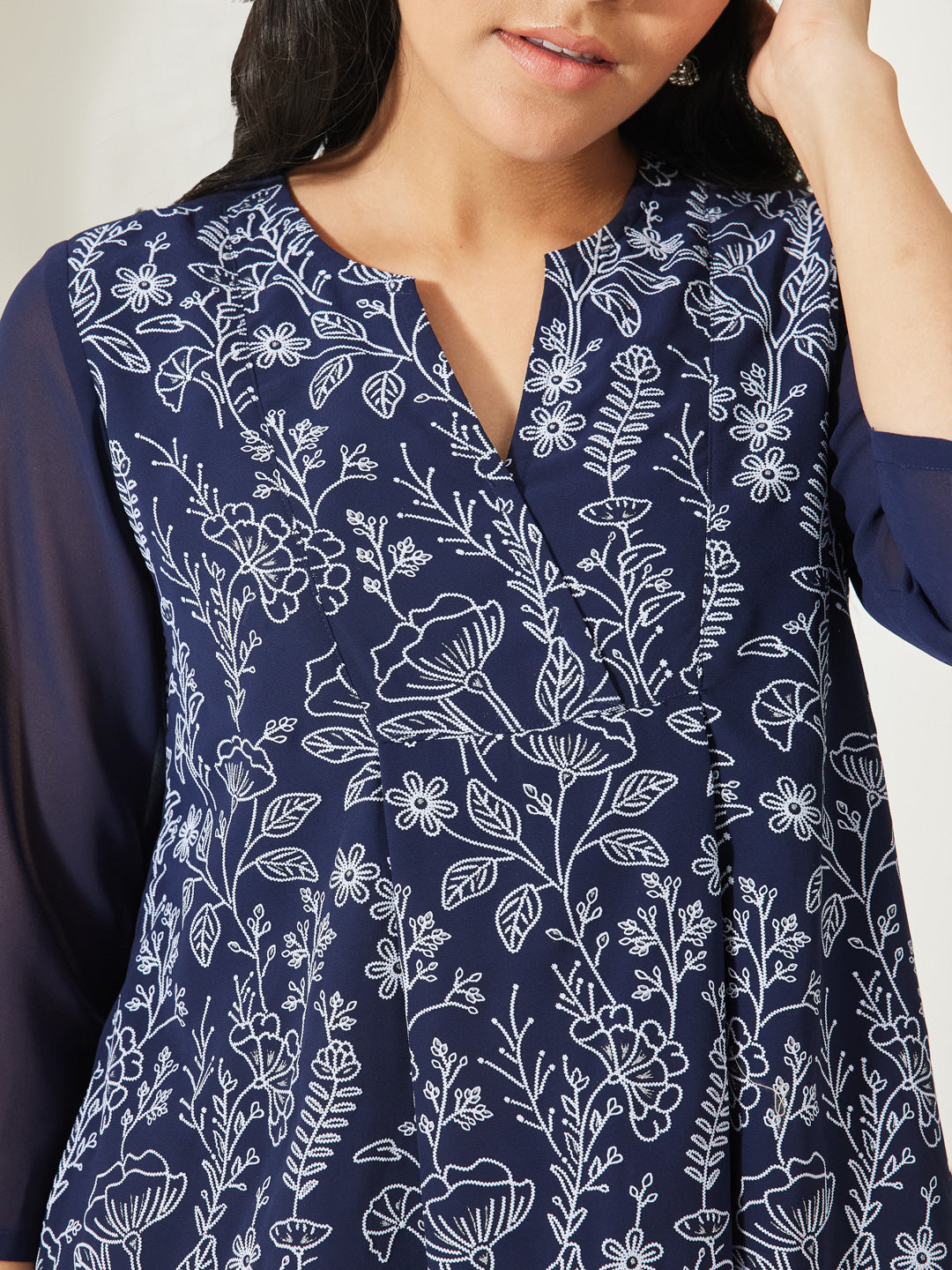 Janasya Women's Navy Blue Georgette Floral Printed A-Line Tunic