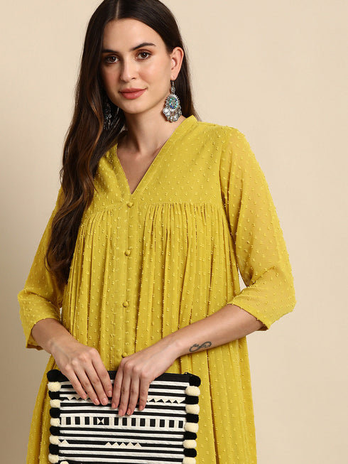 Mustard Poly Chiffon Self Design Frontslit Kurta
