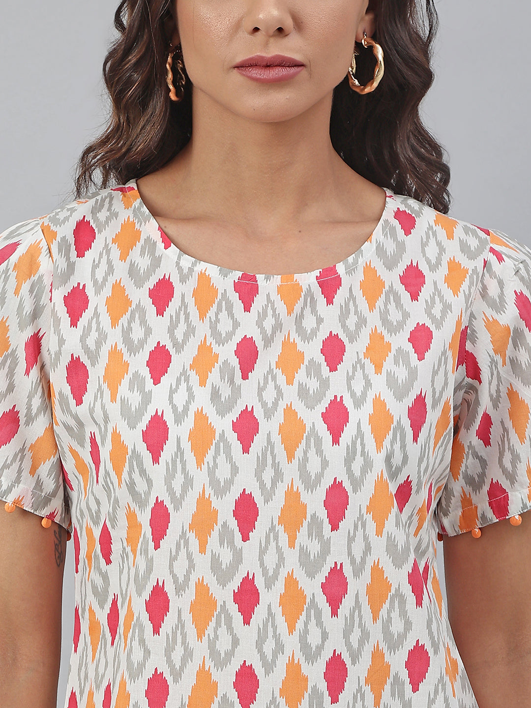 Off White Cotton Printed A-line Western Dress Janasya