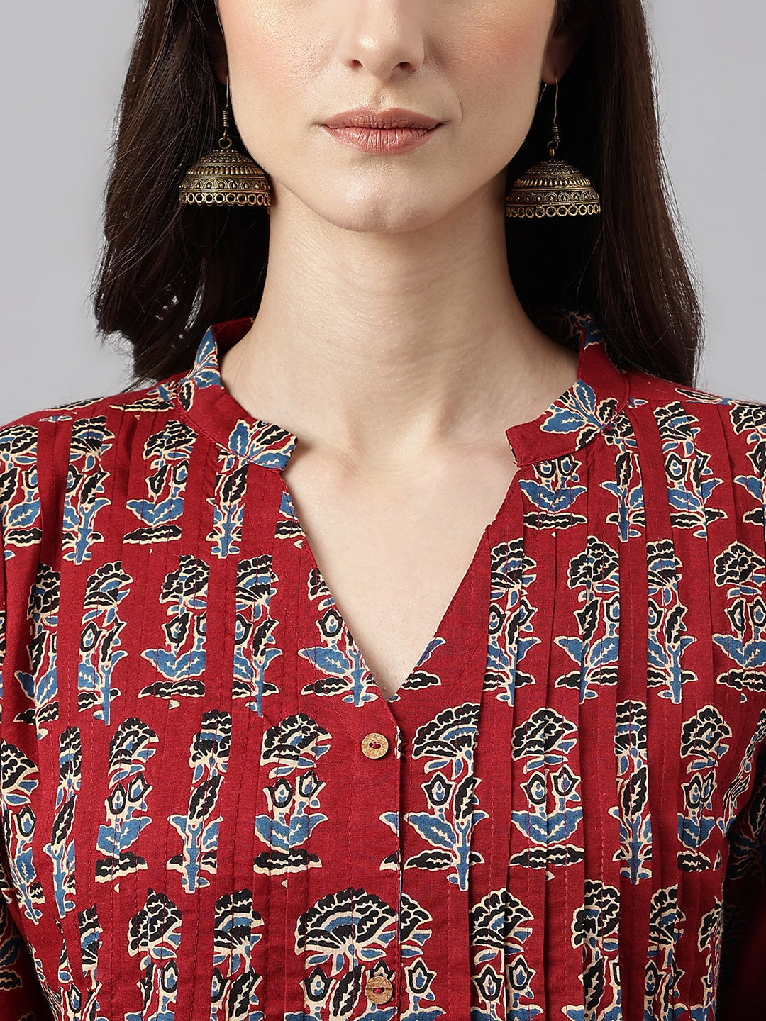 Women's Maroon Cotton Floral Print Flared Kurta