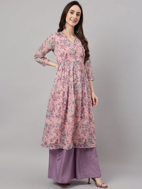 Women's Pink Chiffon Lurex Floral Printed Flared Kurta