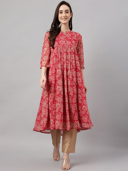 Women's Dark Pink Chiffon Lurex Floral Printed flared Kurta