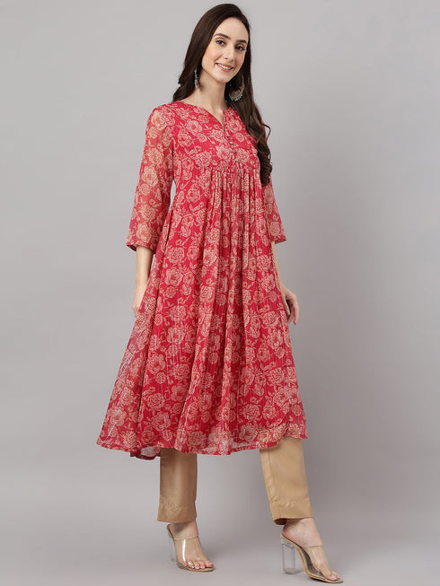Women's Dark Pink Chiffon Lurex Floral Printed flared Kurta