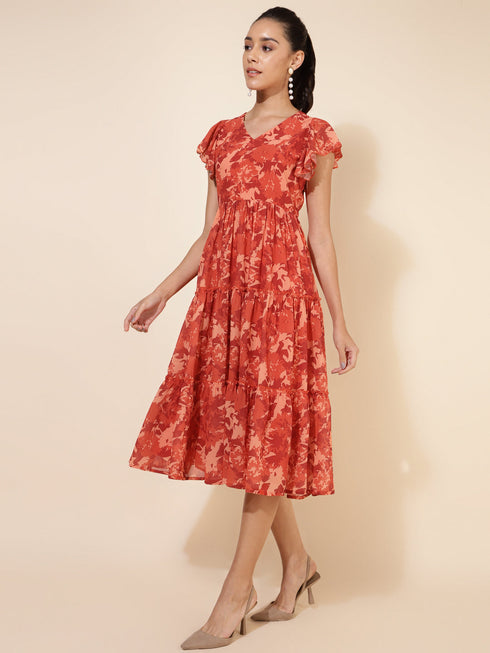 Rust Georgette Abstract Printed Tiered Dress