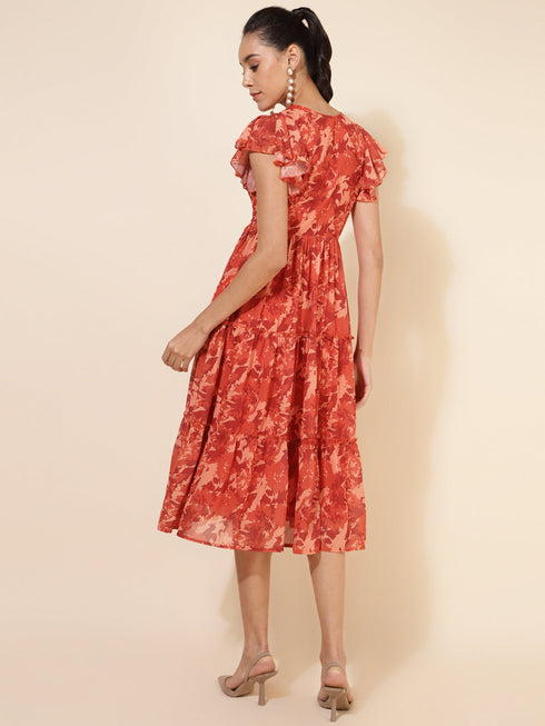 Rust Georgette Abstract Printed Tiered Dress