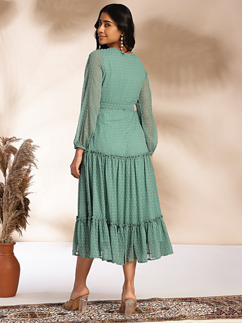 Sage Dobby Chiffon Solid Tiered Dress