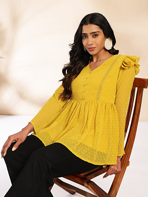Mustard Dobby Chiffon Peplum Top