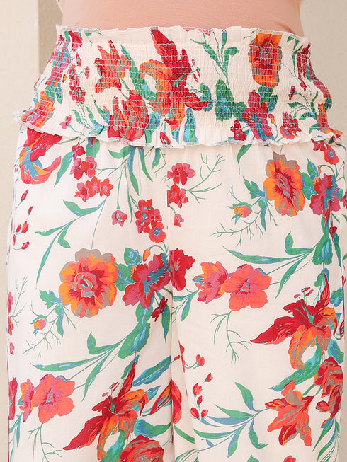 Cream Pure Cotton Floral Printed A-line Maternity Kurta Pant Set