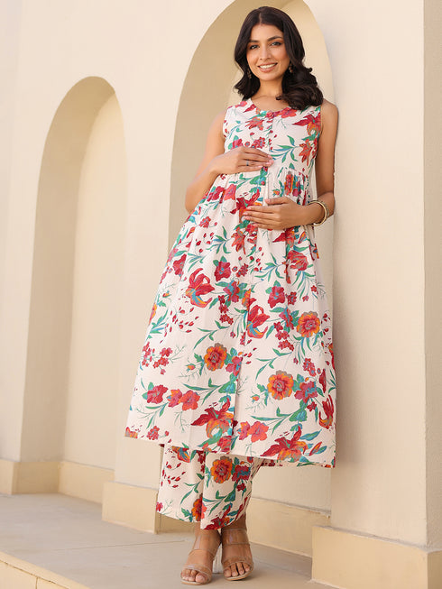 Cream Pure Cotton Floral Printed A-line Maternity Kurta Pant Set
