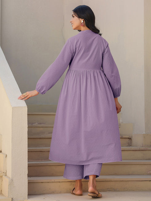 Lavender Dobby Pure Cotton Self Design A-line Maternity Kurta Pant Set