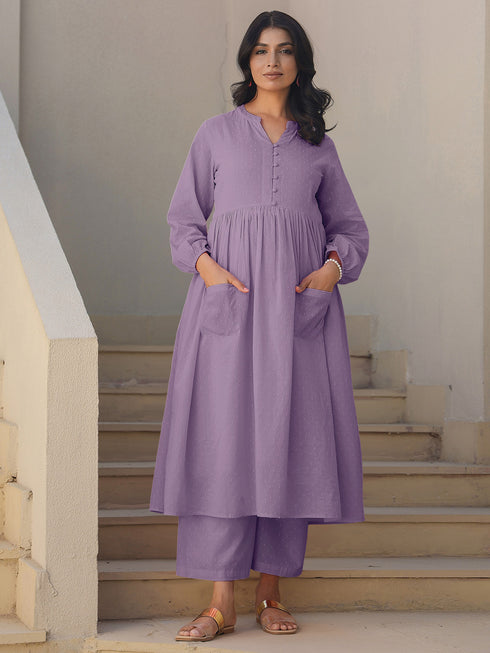 Lavender Dobby Pure Cotton Self Design A-line Maternity Kurta Pant Set