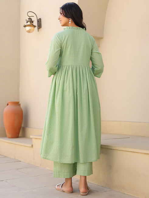 Green Dobby Pure Cotton Self Design A-line Maternity Kurta Pant Set