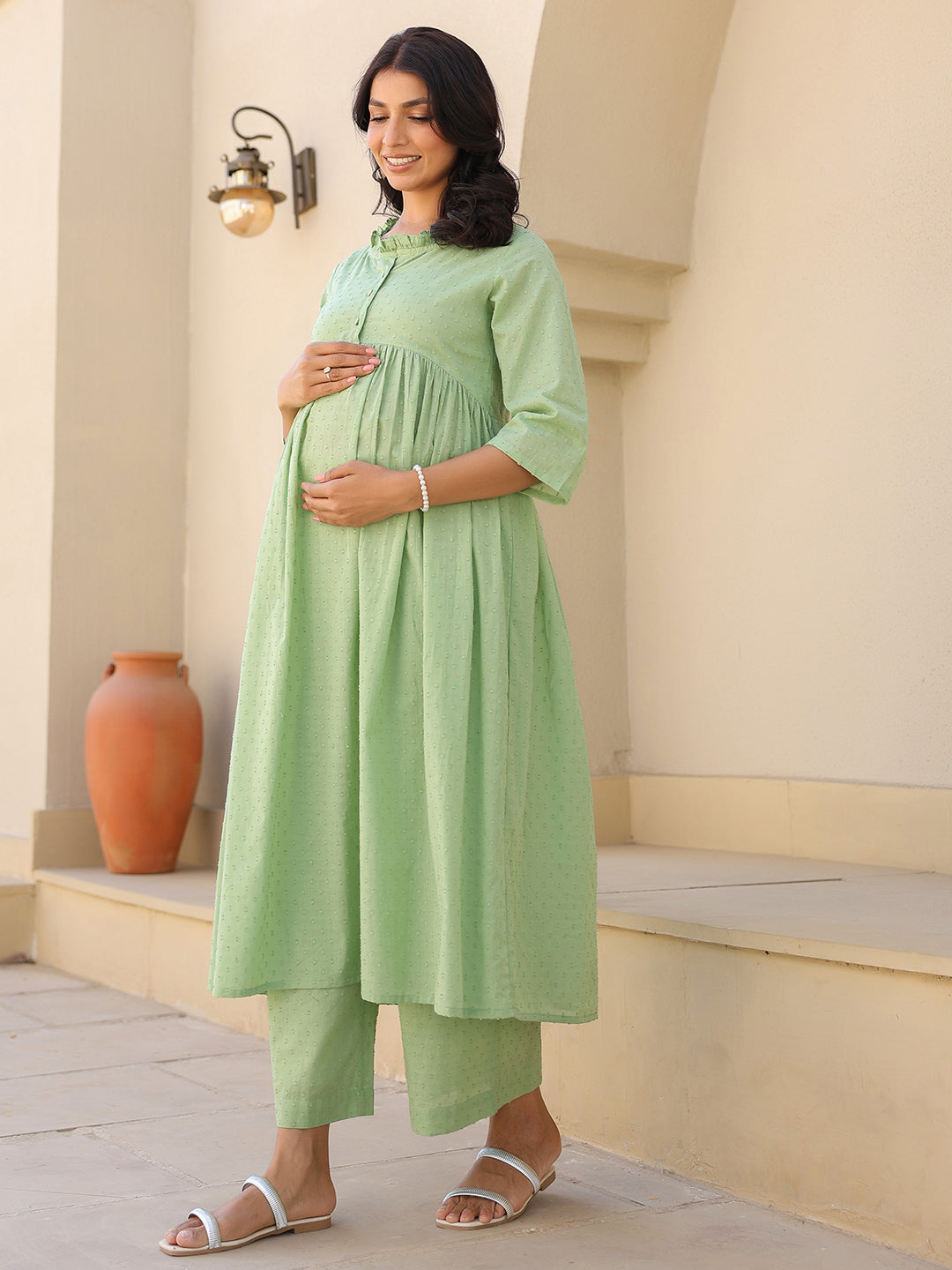 Green Dobby Pure Cotton Self Design A-line Maternity Kurta Pant Set