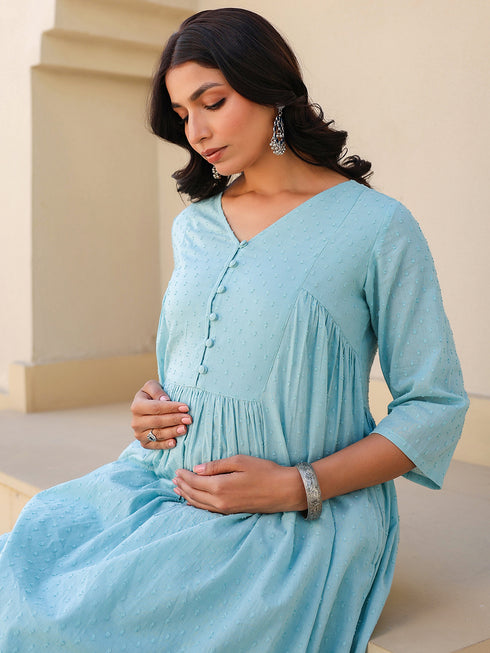 Light Blue Dobby Pure Cotton Self Design A-line Maternity Kurta Pant Set