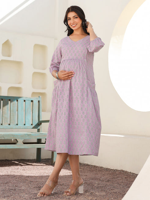 Lavender Pure Cotton Floral Printed A-line Maternity Dress