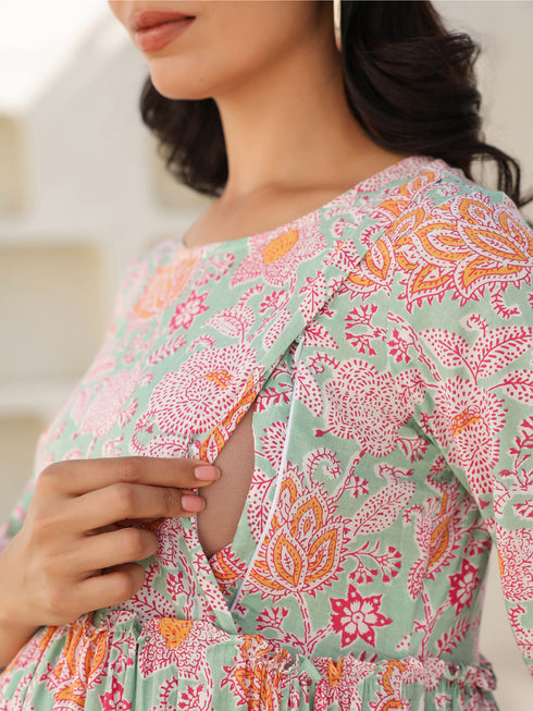 Light Green Pure Cotton Floral Printed Tiered Maternity Dress