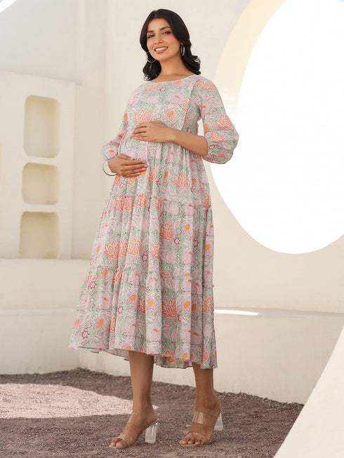Light Green Pure Cotton Floral Printed Tiered Maternity Dress