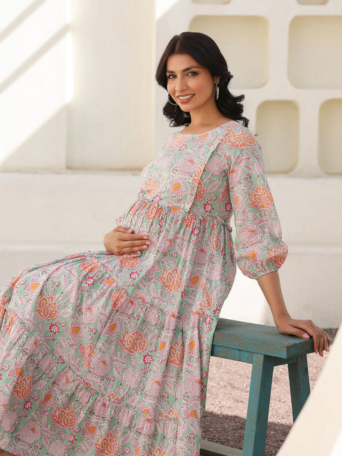 Light Green Pure Cotton Floral Printed Tiered Maternity Dress
