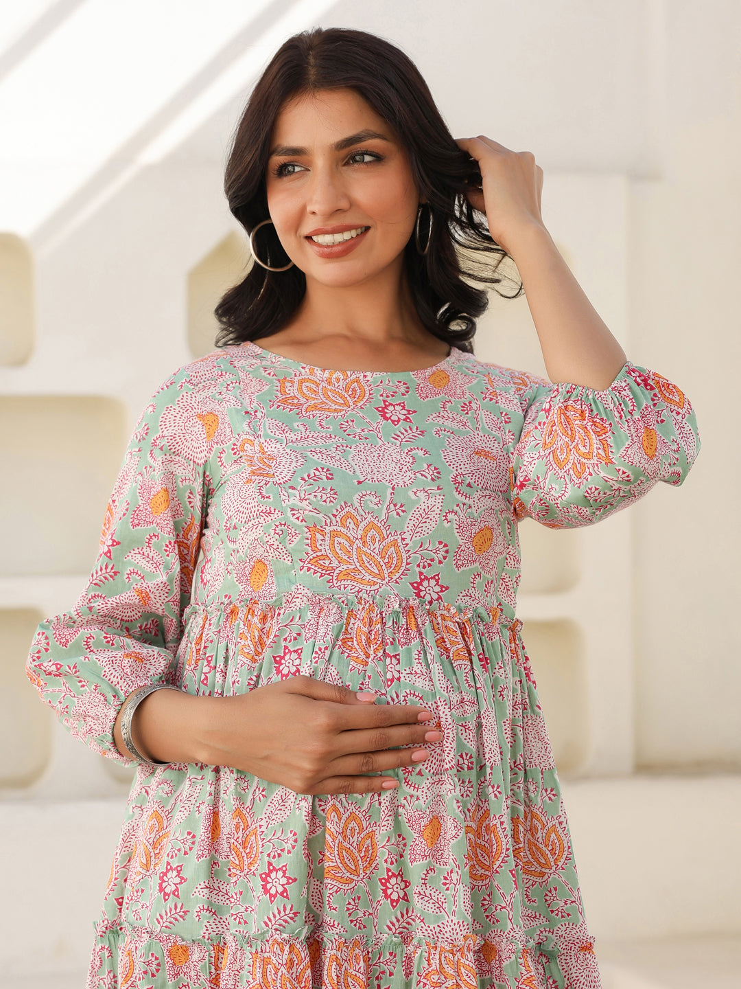 Light Green Pure Cotton Floral Printed Tiered Maternity Dress