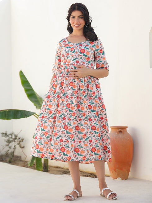 Peach Pure Cotton Floral Printed Fit & Flare Maternity Dress