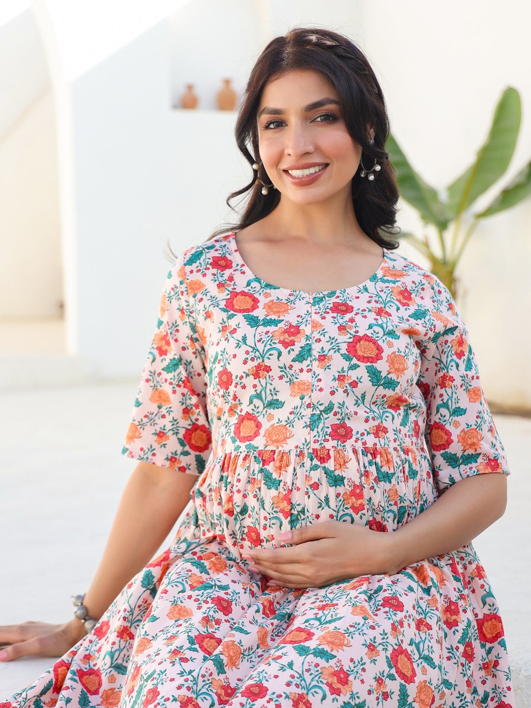 Peach Pure Cotton Floral Printed Fit & Flare Maternity Dress