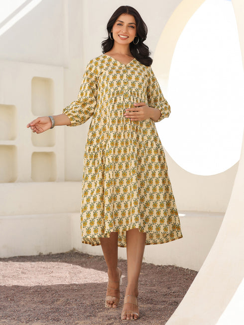 Cream Pure Cotton Floral Printed A-line Maternity Dress