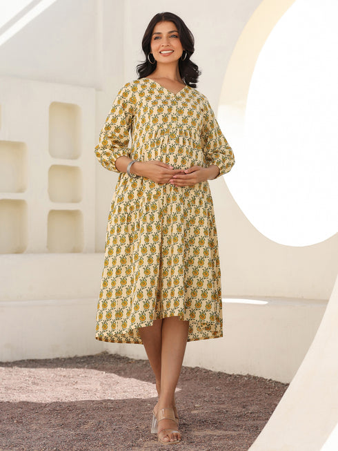 Cream Pure Cotton Floral Printed A-line Maternity Dress