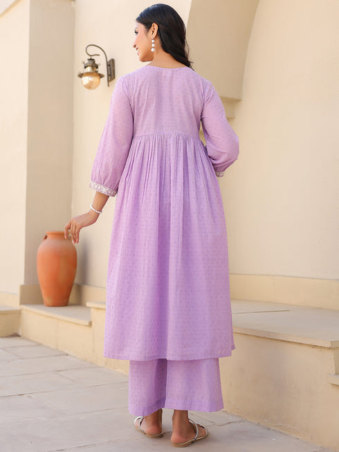 Janasya Women's Lavender Dobby Pure Cotton Yoke Embroidered A-line Maternity Kurta Pant Set