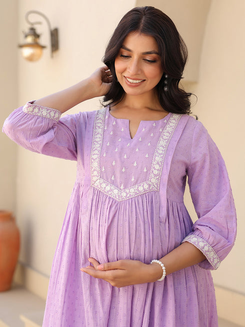Janasya Women's Lavender Dobby Pure Cotton Yoke Embroidered A-line Maternity Kurta Pant Set