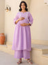 Janasya Women's Lavender Dobby Pure Cotton Yoke Embroidered A-line Maternity Kurta Pant Set